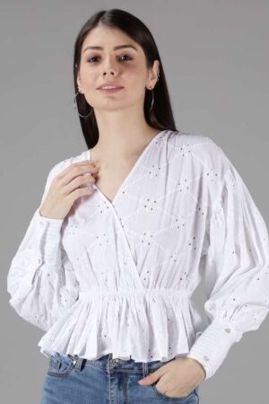 Emma Lapel Collar, Cotton Dobby, Elbow Sleeves Women's Blouse