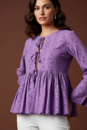 Alice Schiffli Embroidered Gathered Lavender Tunic