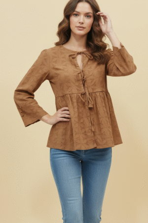 Alice Schifflie Embroidered Gathered Brown Tunic